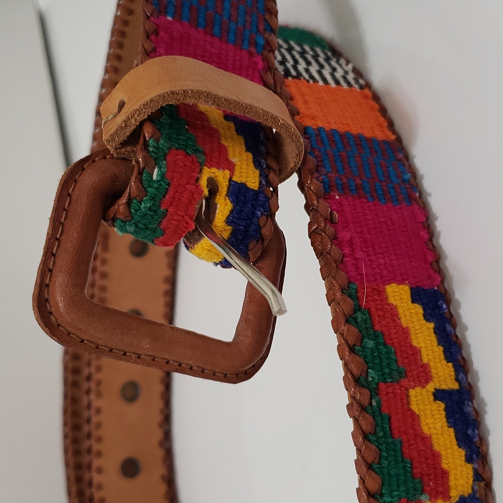 Vintage Guatemalan Handmade Whipstitch Leather and Woven Textile Belt - Picture 2 of 6